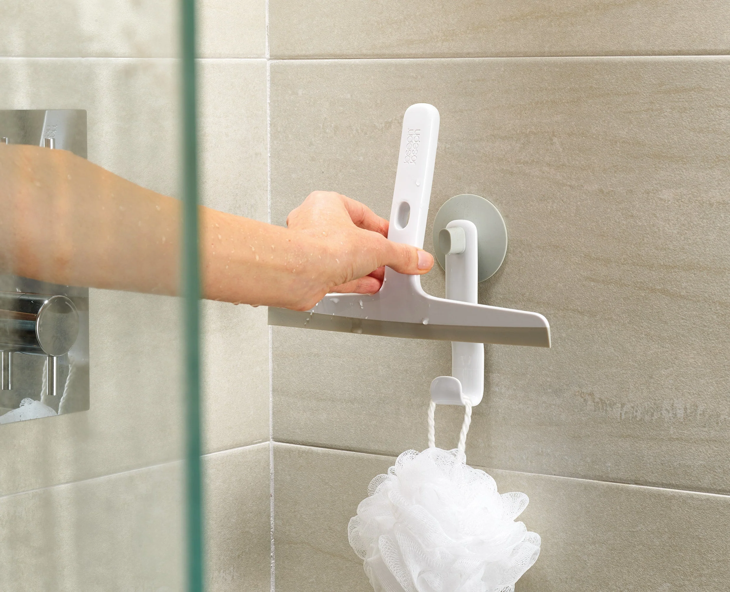 EasyStore™ Pack of 2 Light Gray Shower Squeegees with Storage Hook - Image 4